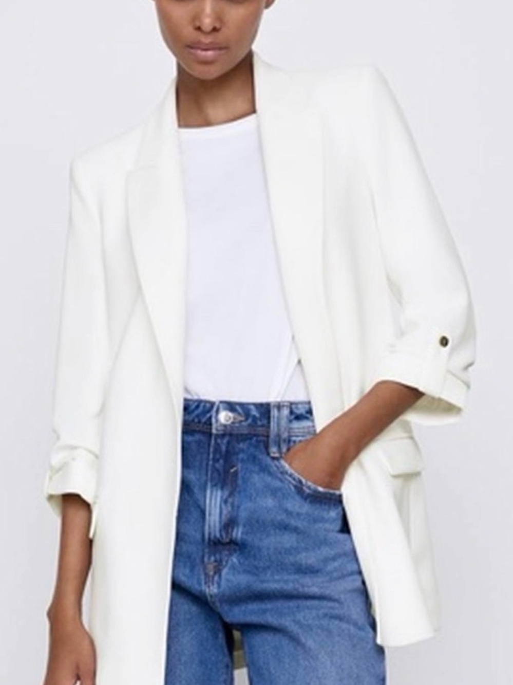 Zara White Open-Front Long Blazer